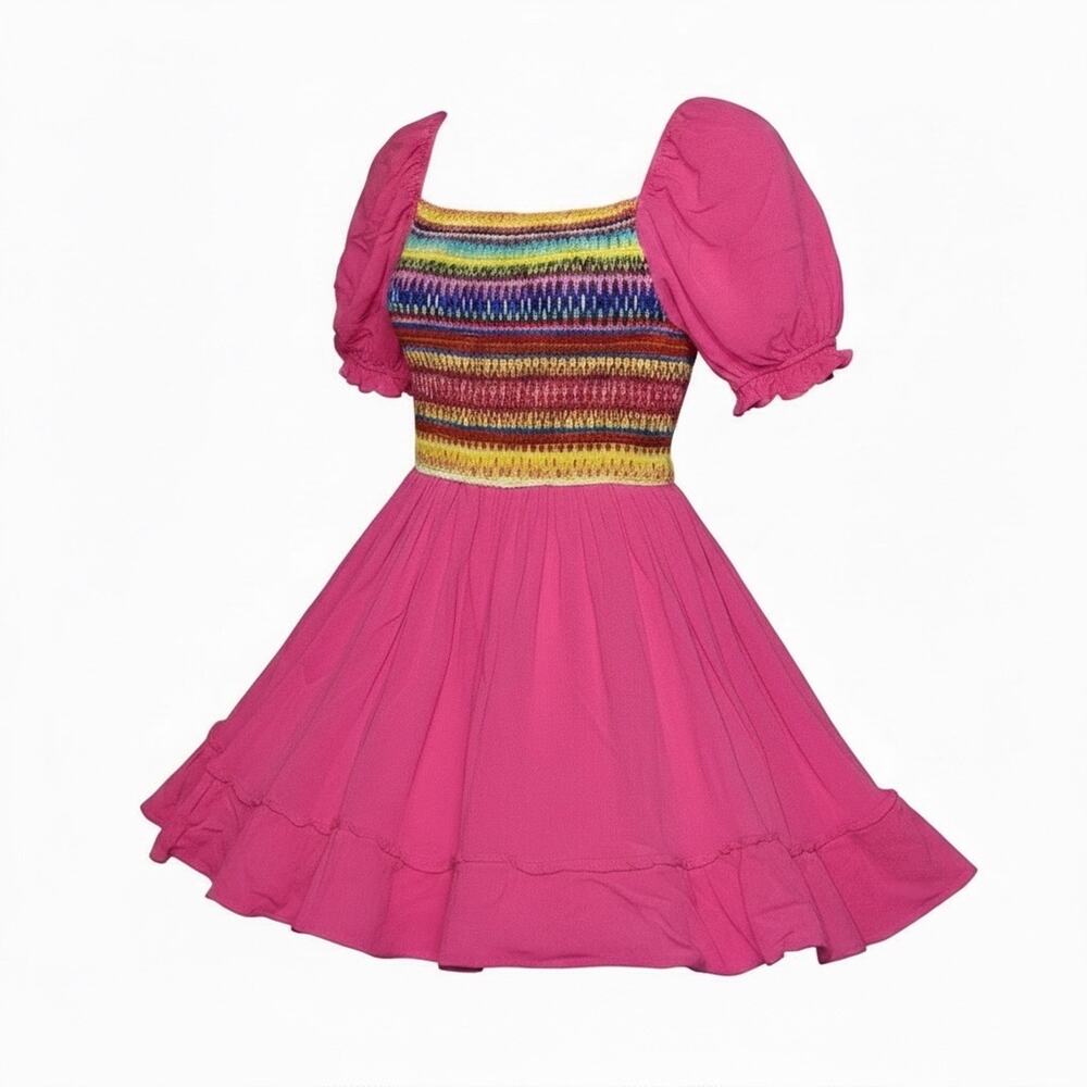 Mini Dress Pink Fit & Flare Smocked Puff Sleeve - Picture 2 of 11